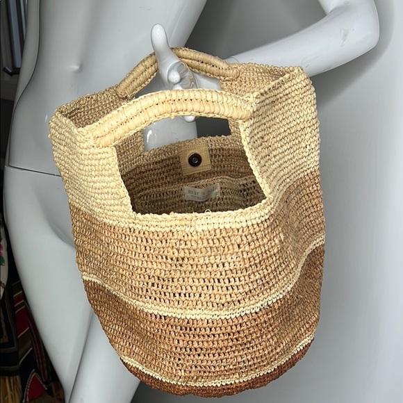Mar Y Sol Bucket Double Handle Tan and Brown Raffia Woven Tote Bucket Bag - Picture 1 of 8